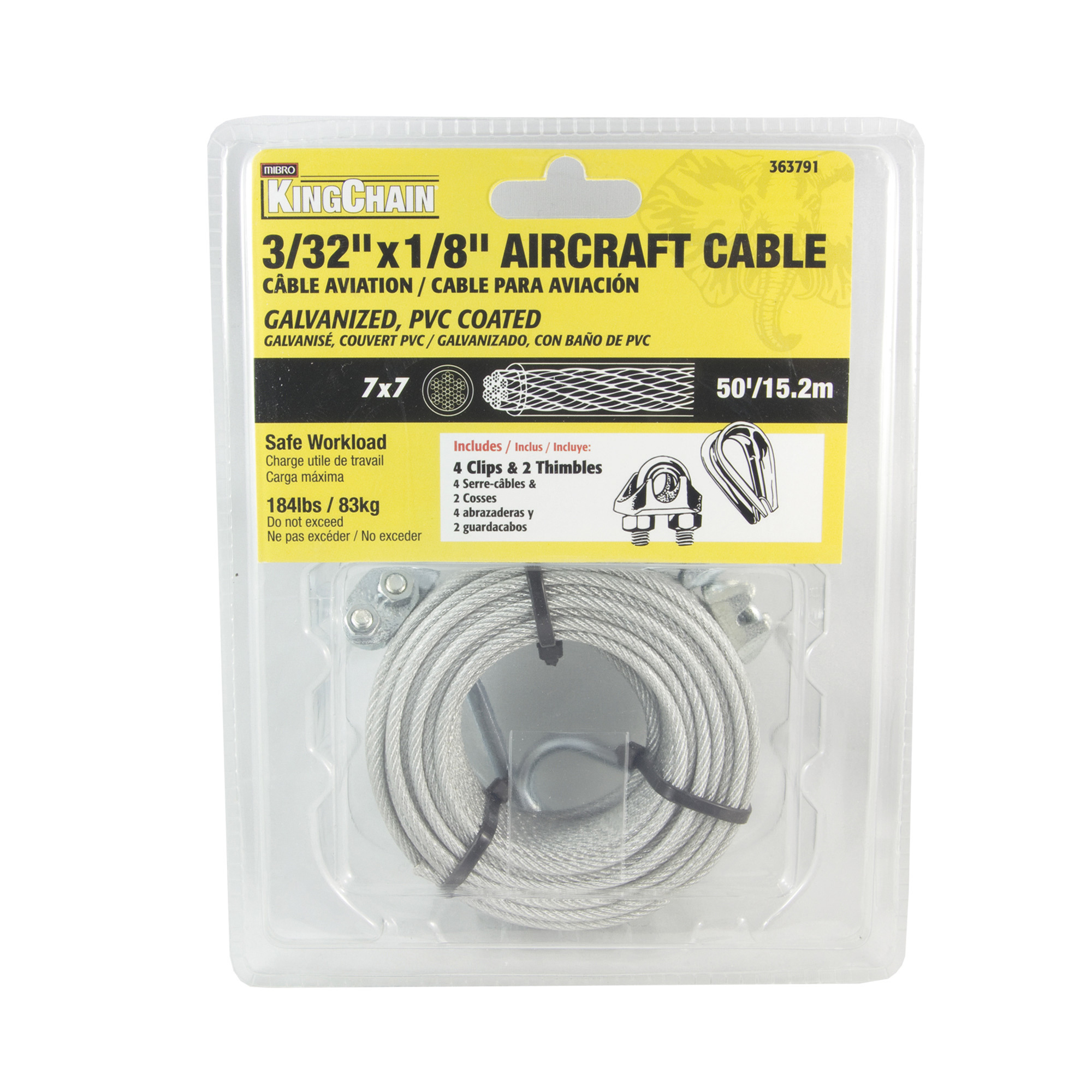 Mibro 1/6in. X1/8in., 7in. X 7in. Aircraft  Cable with 4 Clips and 2 Thimbles, Pre-Cut 50ft., Model 363791